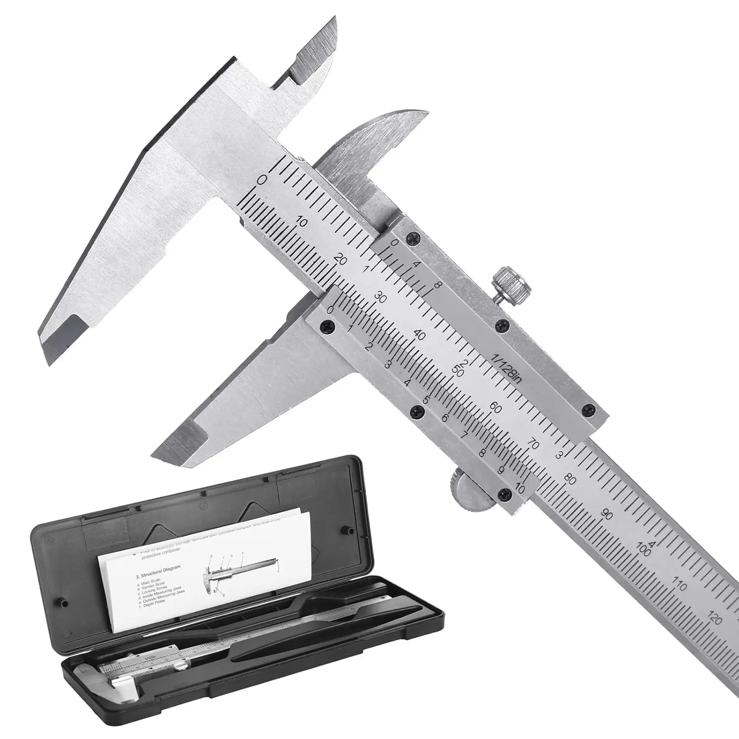 6-Inch/150mm High-Hardness Steel Mechanical Slide Vernier Caliper Measuring Tool, Dual Imperial/Metric Scales (0.02mm & 1/128in), Dual Scales Design