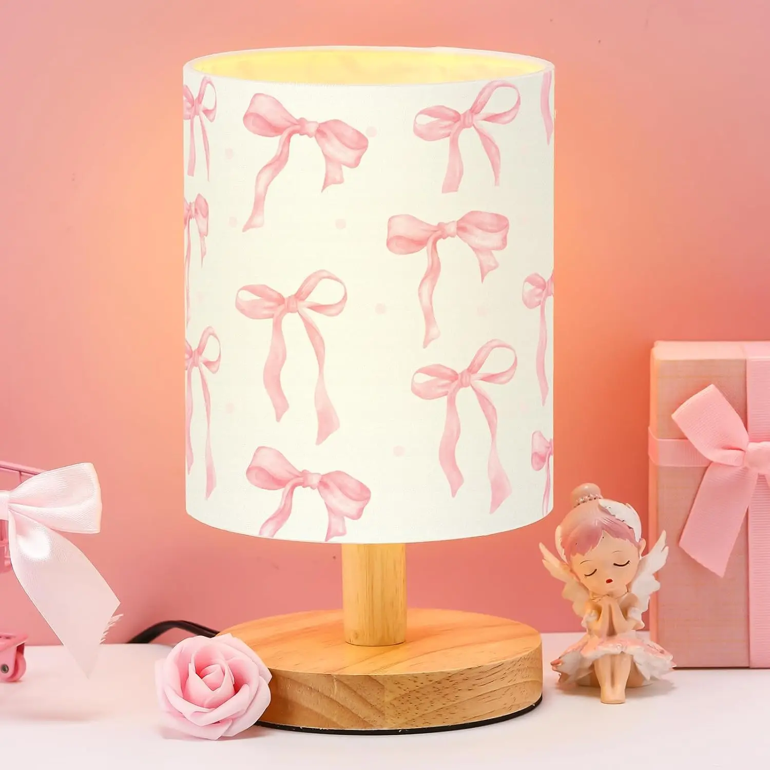 Bow Kids Table Lamp for Bedroom Kids Bedside Lamp with Linen Wooden Nightstand Cartoon Nursery Lampshade for Girls Boys Living Room