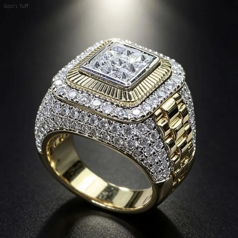 Men's Iced‑Out Rhinestone Ring, Viral European Trendy Bold Shiny Statement Hip‑Hop Jewelry Band, Accessory for Street Dance Club Outfits, Exquisite Trendy Finger Ring