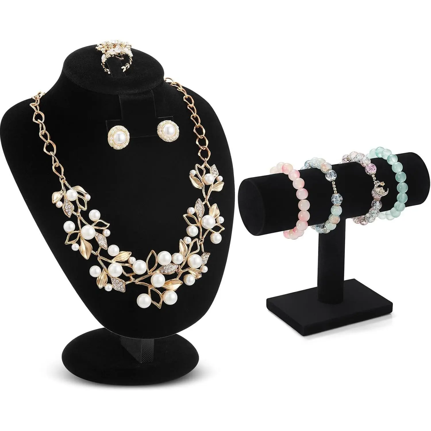 Black Velvet Multi-Use Jewelry Display Stand Set (2-Pcs) - Necklace Bust Mannequin, Bracelet Bar Holder, Ring & Earring Organizer for Retail Boutiques