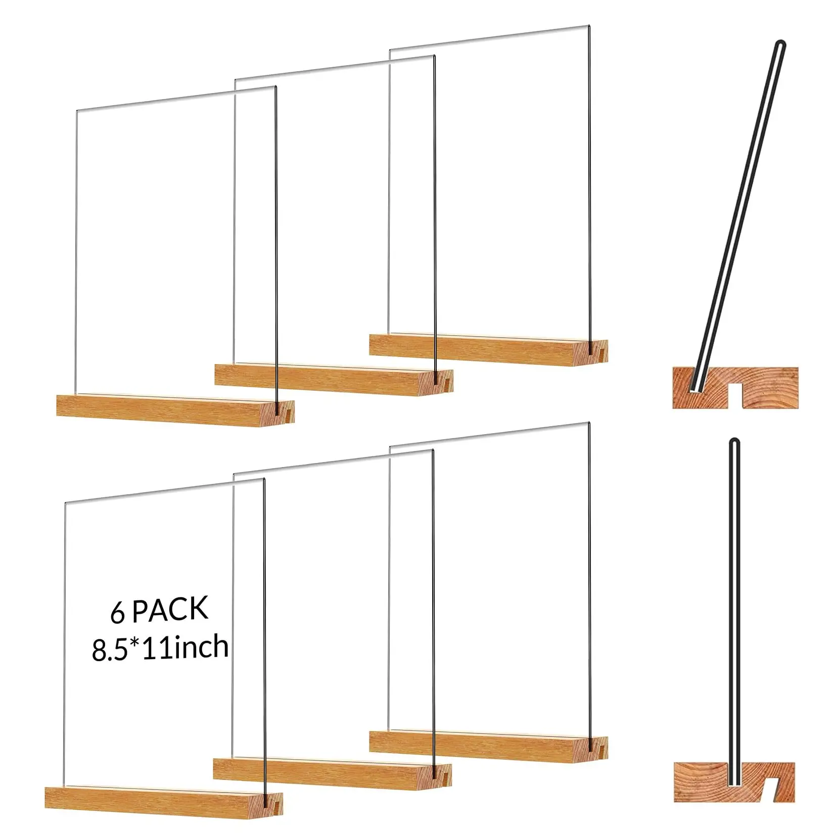 6 /12 Pack Acrylic Sign Holder with Wood Base, Vertical or Slant Back Display Sign Stand