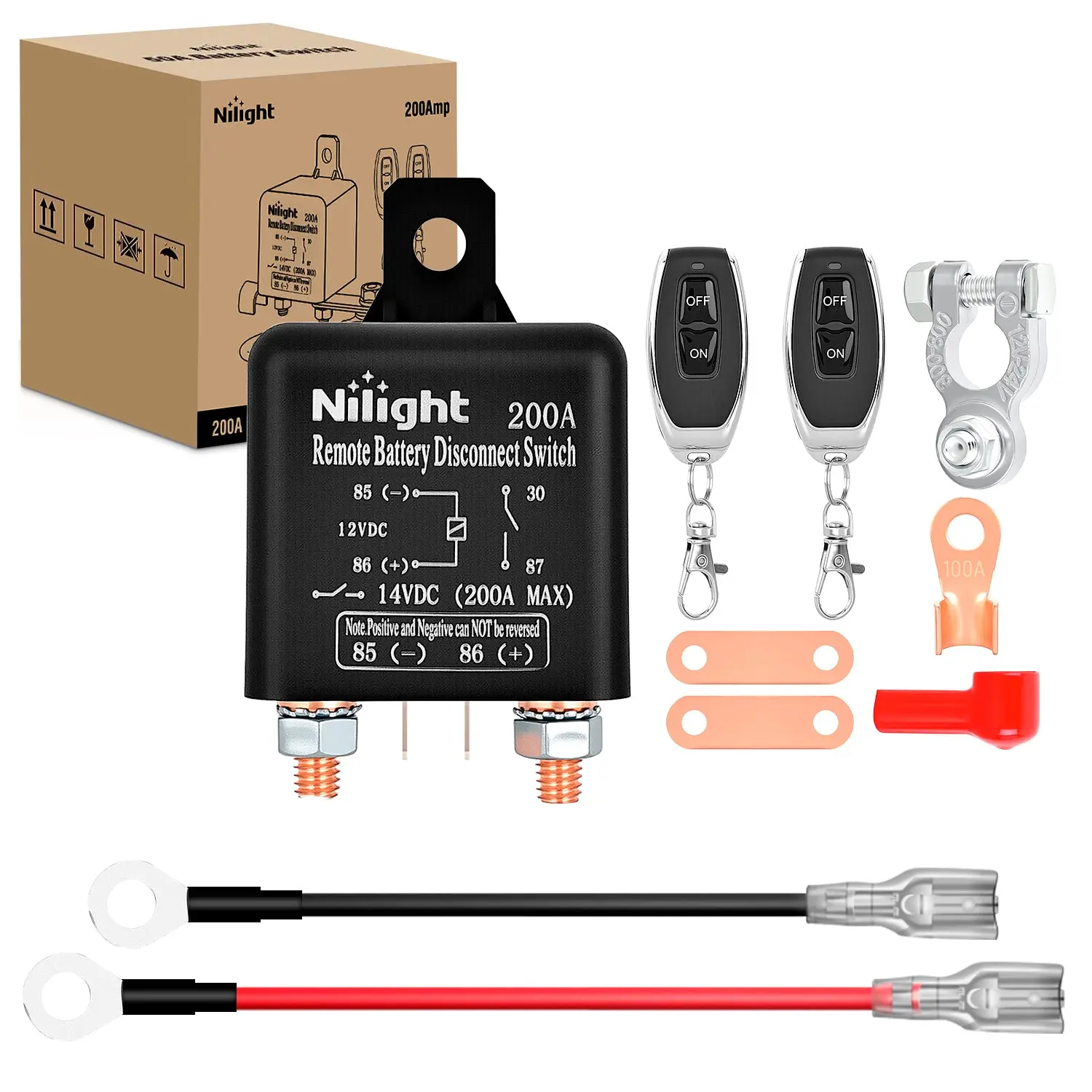 Nilight 12V 200A Heavy Duty Pure Nylon Shell Pre-Wired Car Battery Isolator - Wireless Remote Disconnect Switch with 2 Remotes, 2 Flat Copper Sheets, Metal Clamp, Terminal Block, Corrosion-Resistant Anti-Theft Kill Switch for Auto, Truck, Boat