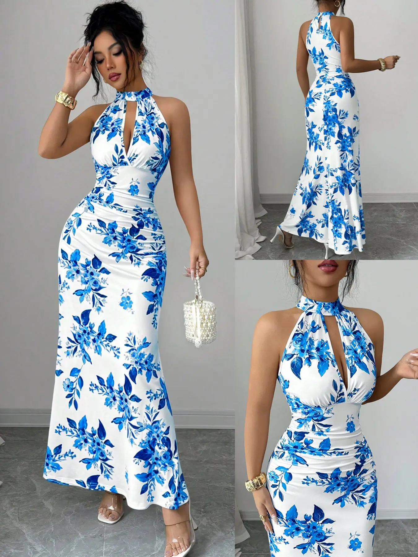 Elegant Lady Fashion Design Summer Dress, Printed Floral Hollow Out Slim Fit Sleeveless Dress, Women's Stylish Clothing for Warm Weather