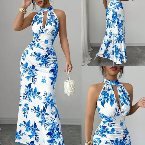 Elegant Ladies' Summer Dress, Cocktail Evening Dress, Printed Floral Hollow Out Slim Fit Sleeveless Dress, Women's Stylish Clothing for Warm Weather