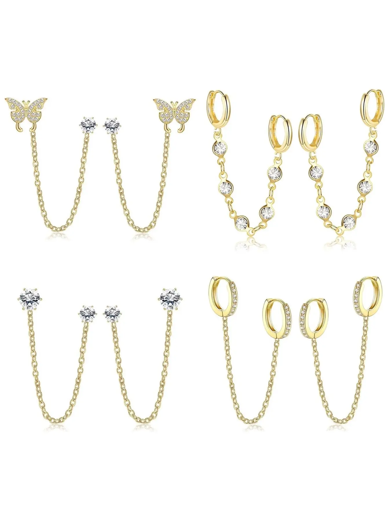 14K Gold Plated Double Piercing Earrings for Women Hypoallergenic 4 Pairs Chain Earrings for Women, Double Piercing Earrings Set, Multiple Piercings Butterfly/Dangle/Helix/Cartilage Earrings
