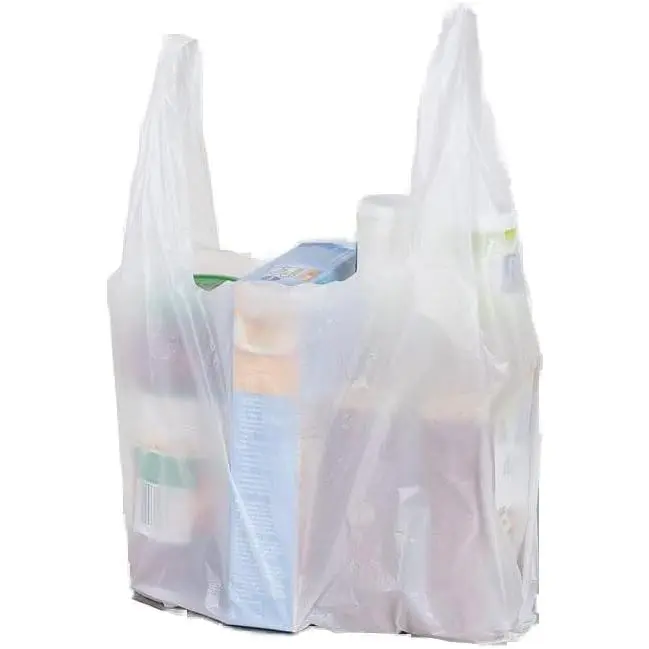 Standard Synthetic T-Shirt Bags with Expandable Sides - High Strength 14 Mic, Unprinted & Compact Design for Retail, 8"x4"x15", White, 100 Pack, Bulk Bag, Grocery Store Bags