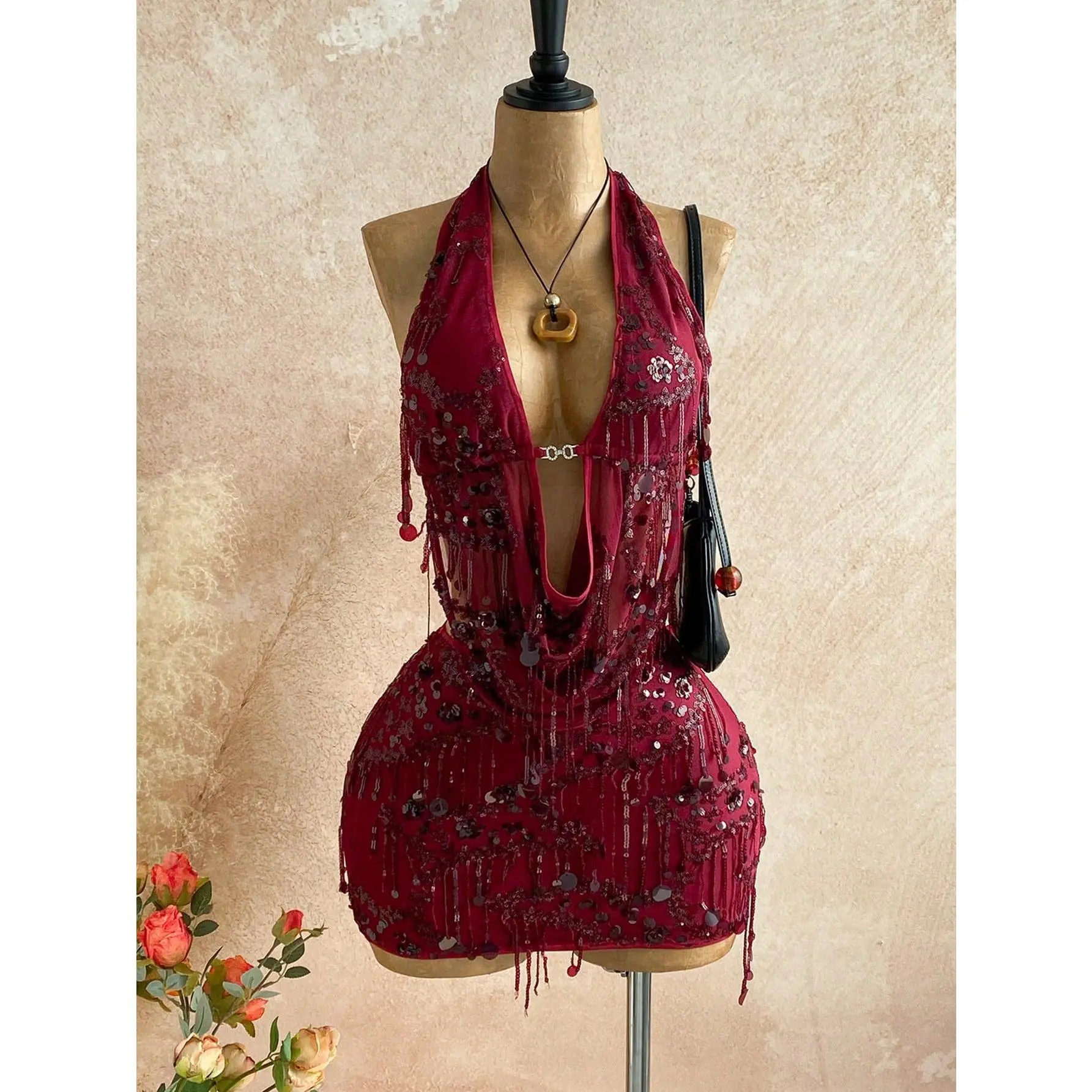 Women's 2pcs Fitted Shiny Fringe Sequin Drape Neck Camisole And Mini Skirt Set, Suitable For Music Festivals New Year Party