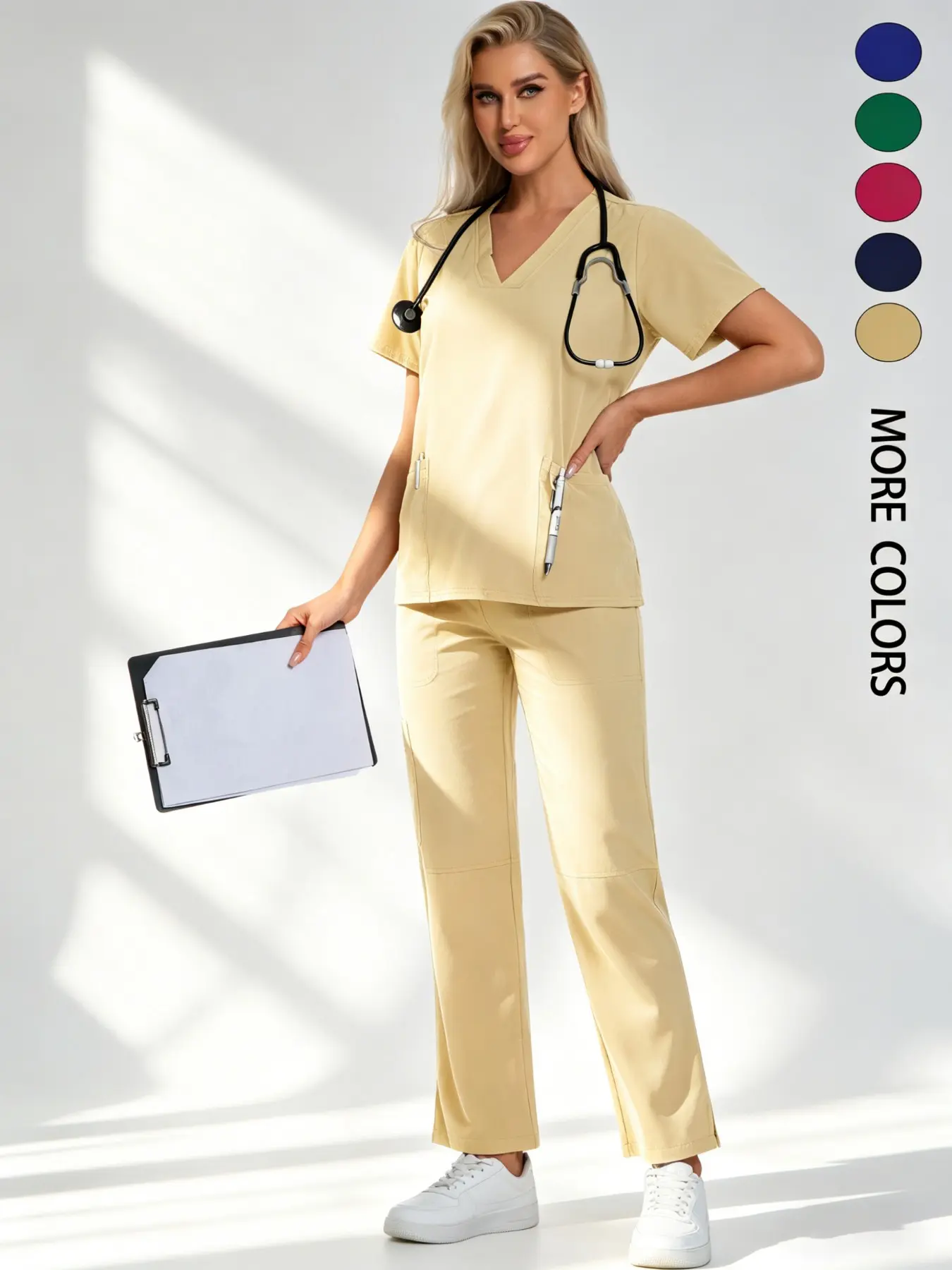 Women's Scrubs Set Uniforms, V Neck Quick-Dry Breathable Top,Anti-Pilling Breathable Multi-Pocket With Side Pocket Jogger Pants Comfort Fit Easy Care