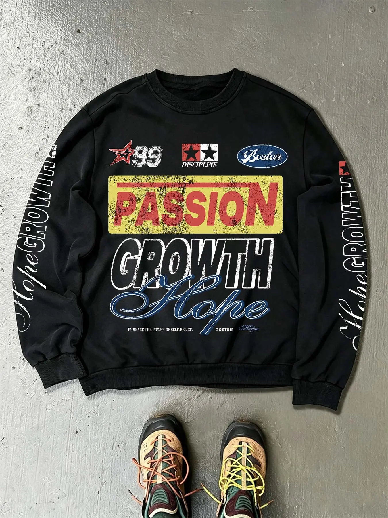 Racing damaged print crewneck sweatshirt, unisex black loose patterned pullover, soft and relaxed top, perfect for skateboarding hangouts, car meetups, and street casual everyday wear #RacingSweatshirt #LooseCrewneck #StreetStyle