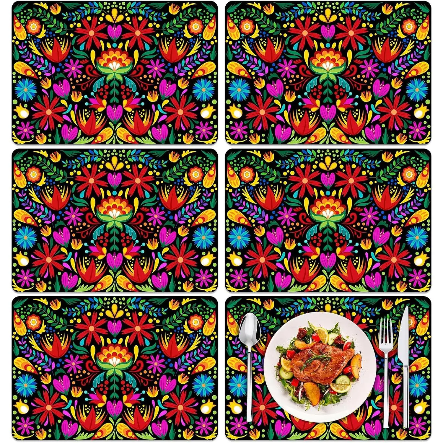 Mexican Fiesta Plastic Placemats Set of 6 Mexican Flower Plastic Place Mats 16x 11 Inch Washable Dia De Los Muertos Vinyl Table Mats for Indoor Outdoor Kitchen Holiday Dinner Table Setting