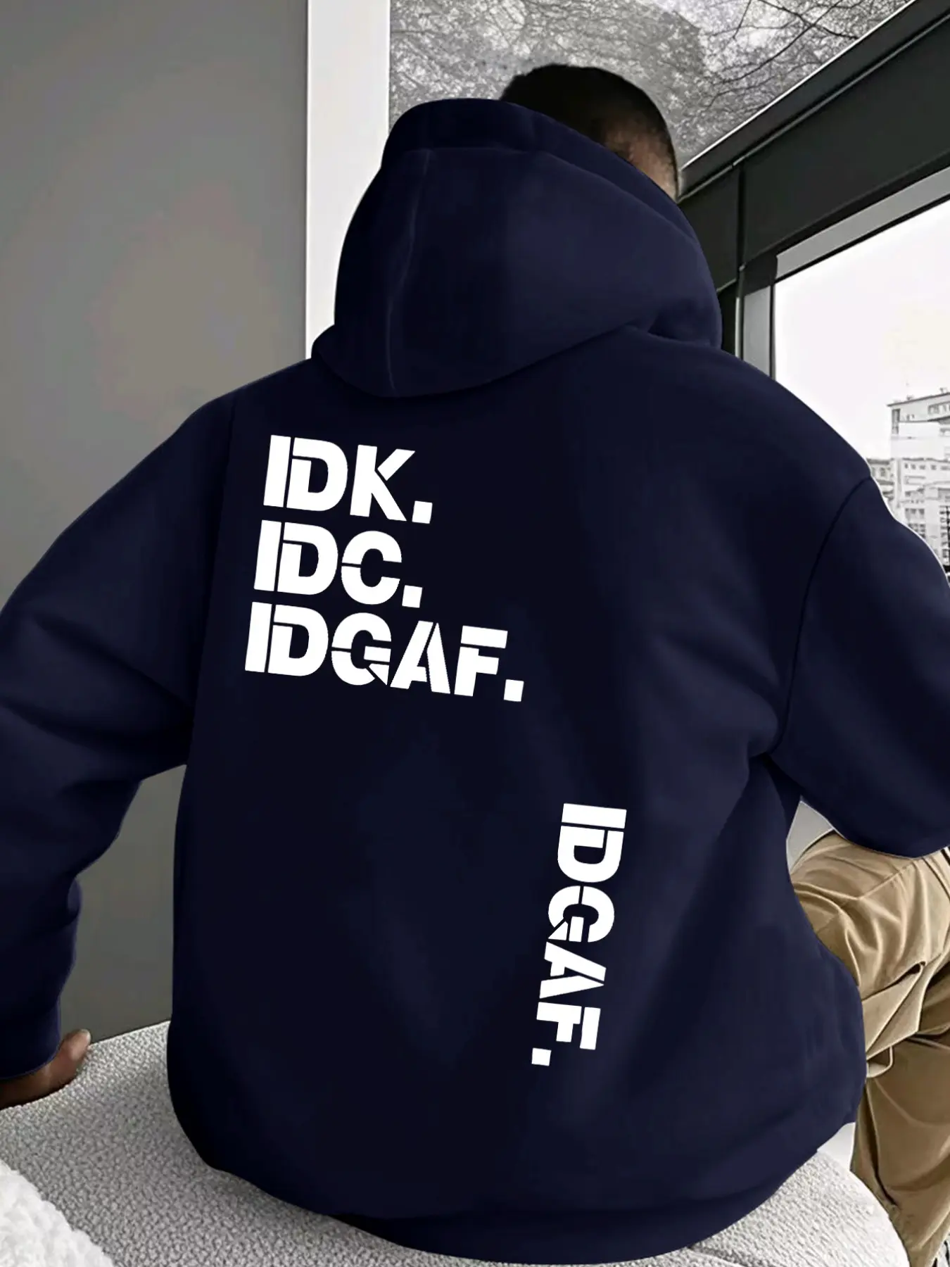 Men's Casual Hooded Sweatshirt, American Minimalist Idk Idc Idgaf Bold Letter Print Graphic Print Hoodie, Slim Fit Streetwear with Drawstring Pockets