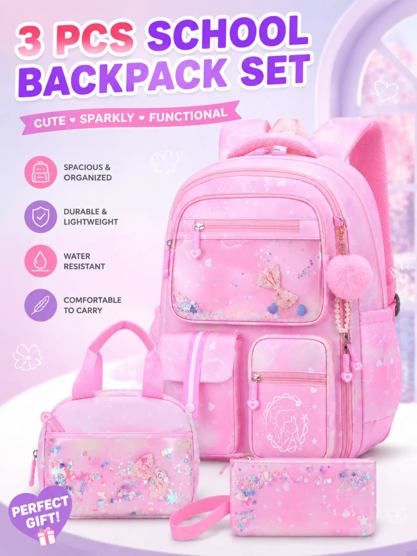 Middle School Laptop Backpack for Girls, 3pcs Set with Bookbag, Handbag, Pencil Case, Casual Solid Pattern, All Seasons