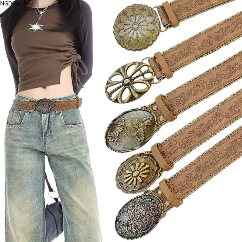 Women's Embossed Vintage Leather Belt - Flower Motifs, Western Ornate Buckle, Beaded Edge, Casual Trendy Waistband, Cowgirl Boho Waist Belt for Jeans, Sports & Outdoor Casual Events Fashion Accessory