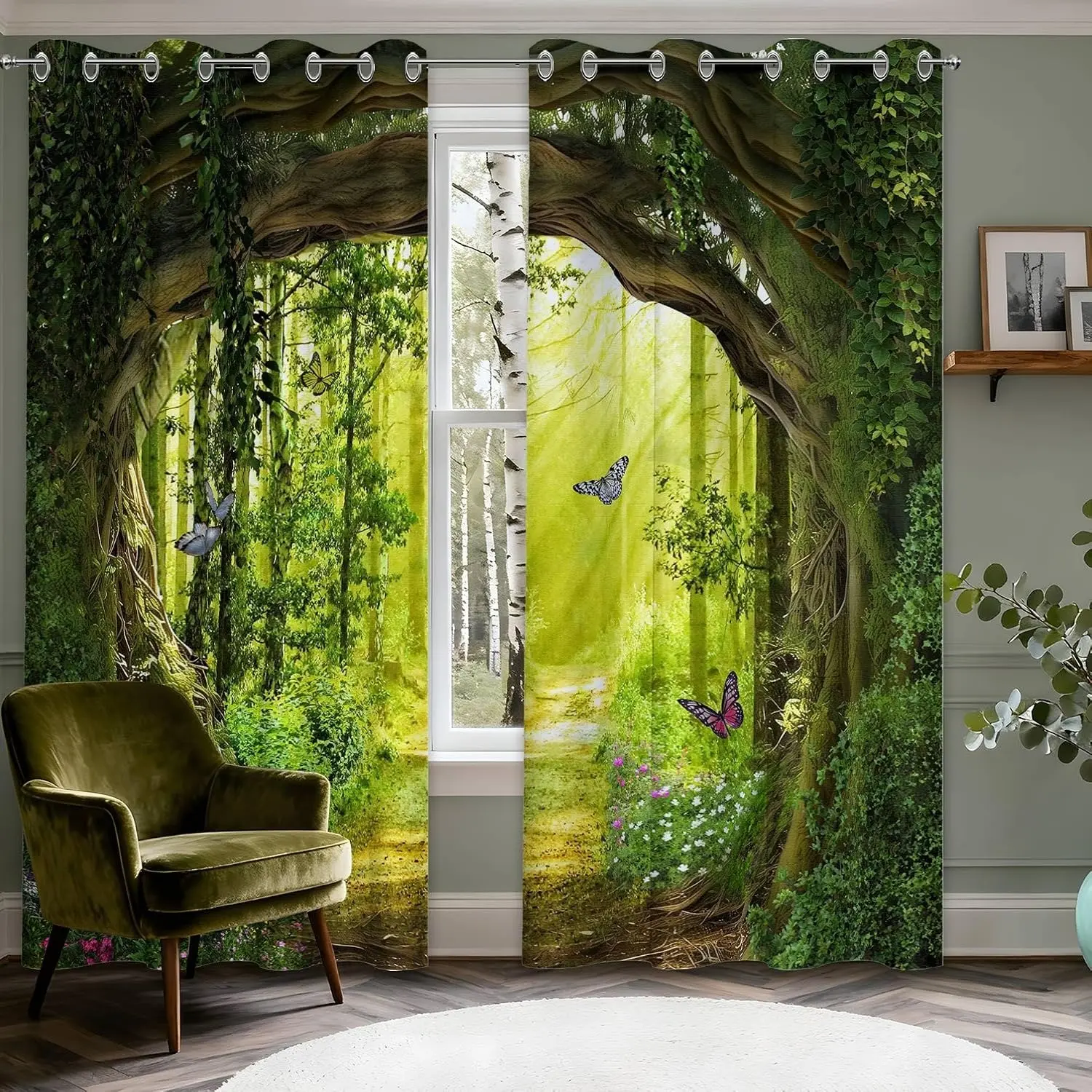 Enchanted Forest Blackout Curtains,  2 pcs  Green Spring Tree Butterfly Scenic Nature, Woodland,  For Bedroom Living Room