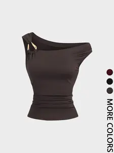 1 Piece  Valentine's Day Asymmetric Shoulder Ruched Crop Top | Euro-American Y2K Vibe | Cropped Design + Cold Shoulder Detail | Eye-Catching Pick for Weekend Shopping / Music Festivals