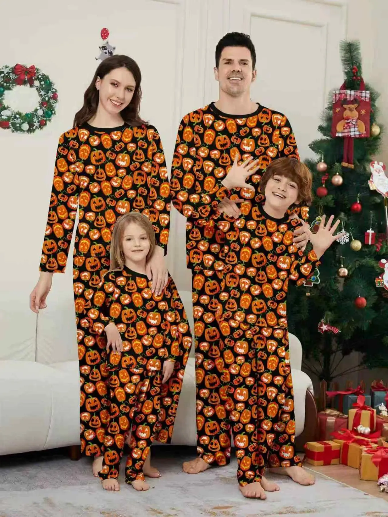Family Halloween Pajama Set, 2-Piece Long Sleeve Pumpkin Print Sleepwear, Men Women Kids Casual Loose-Fit Pyjamas, All Seasons Comfort