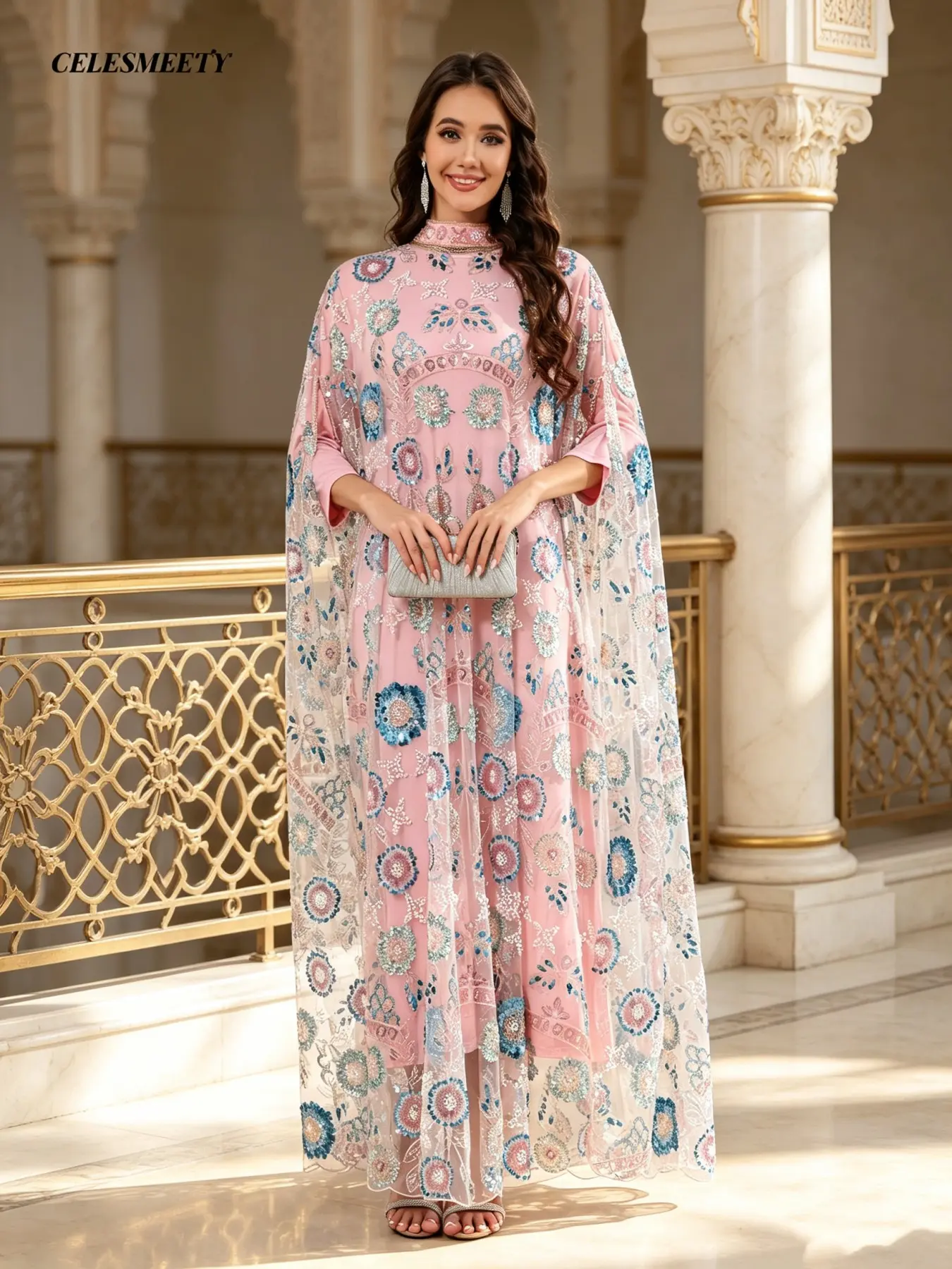 Celesmeety Luxury Sequin Sheer Dress, Women's Loose Muslim Robe Coat, Elegant Design for High-End Events, Daily Wear, Transparent Outer Only