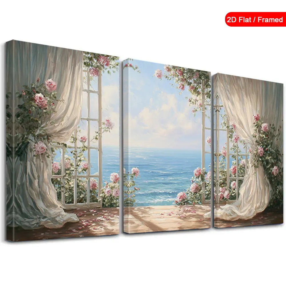 2D FlAT Printing 3Pcs Framed Wall Decor, Coastal Scenery, Rose Garden, Ocean View Canvas Prints, Aesthetic Landscape Art For Living Room Bedroom Bathroom Office. Ideal Birthday Housewarming Gifts, Christmas Thanksgiving Mother's Day.