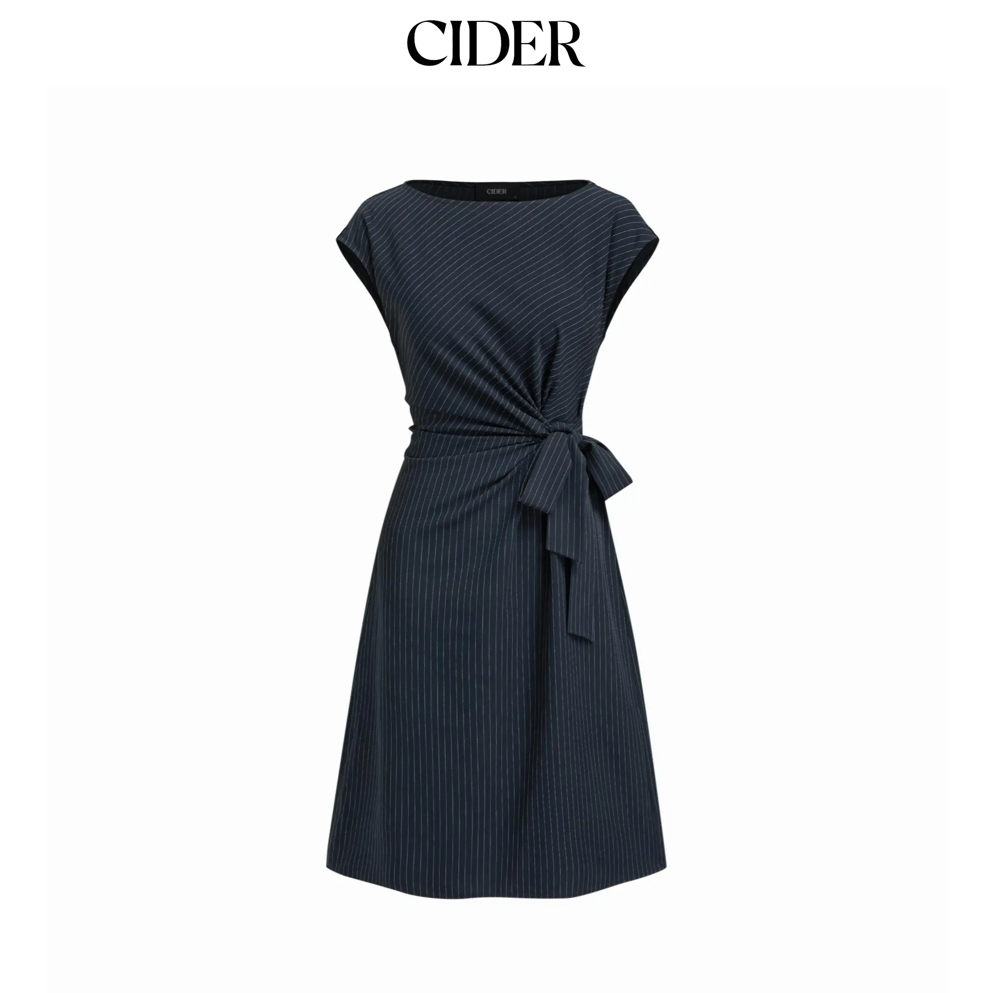 Cider Women's Casual Boat Neck Stripe Knotted Ruched Midi Dress SohoChic
