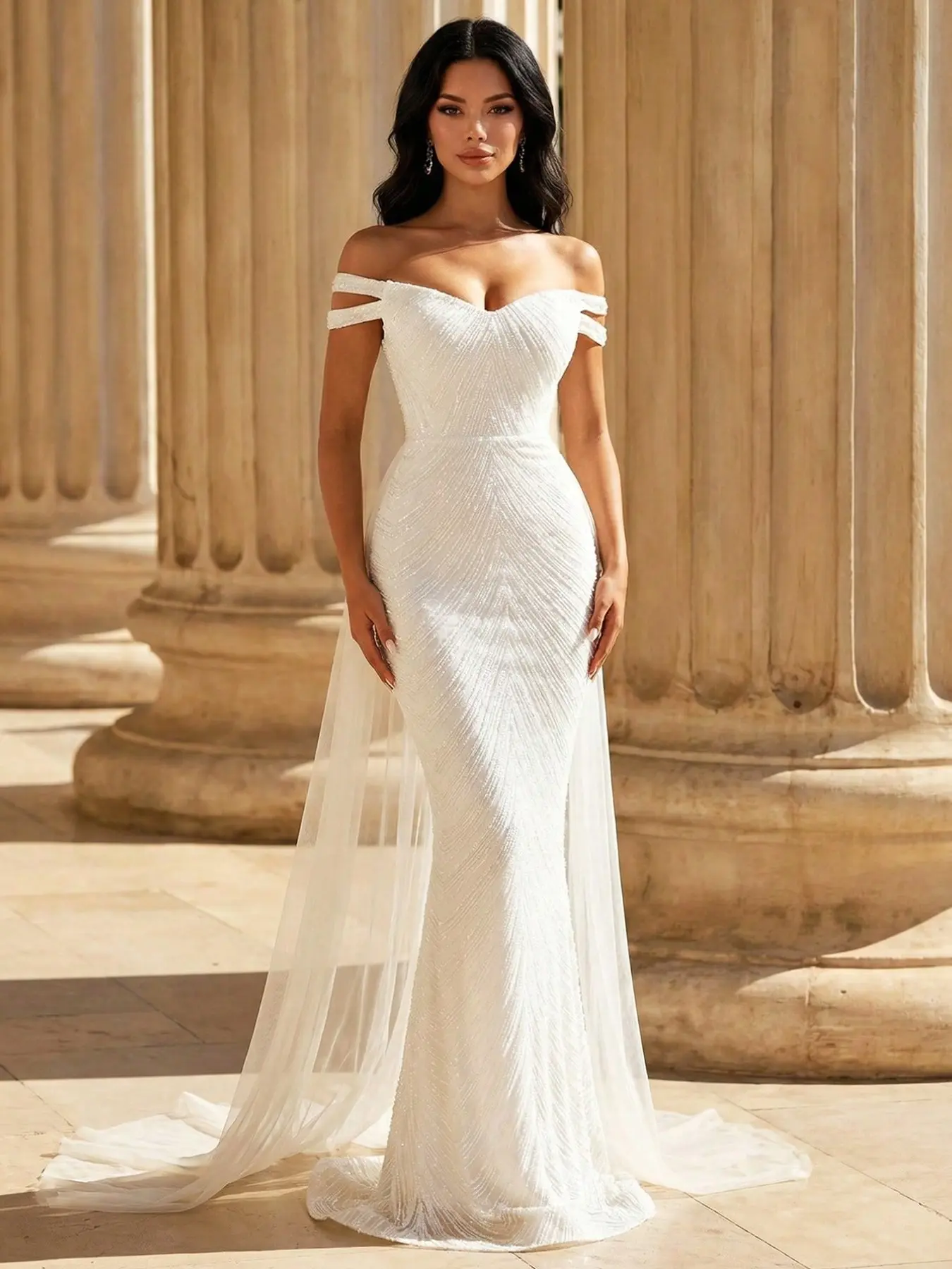 Elegant One-Shoulder Mermaid Wedding Dress, Backless Cross-Tie Design, Mesh and Sequins, Long Gown for Brides