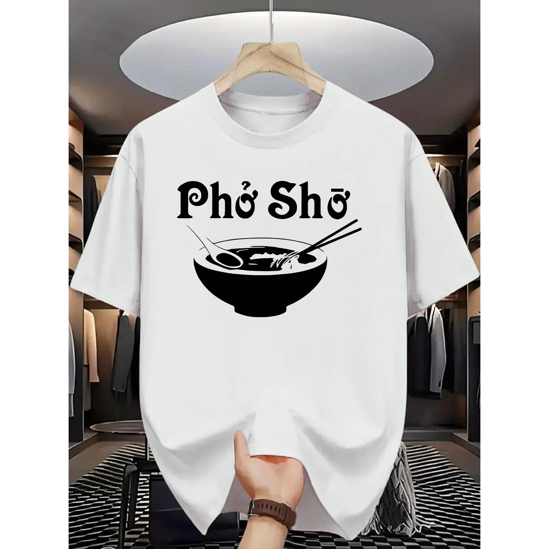 Men's Round Neck Short-Sleeve Print Top - Vietnamese Noodle Themed, All Seasons, Machine Washable, Cultural Culinary Style, Ideal for Vietnamese Food Lovers, Menswear