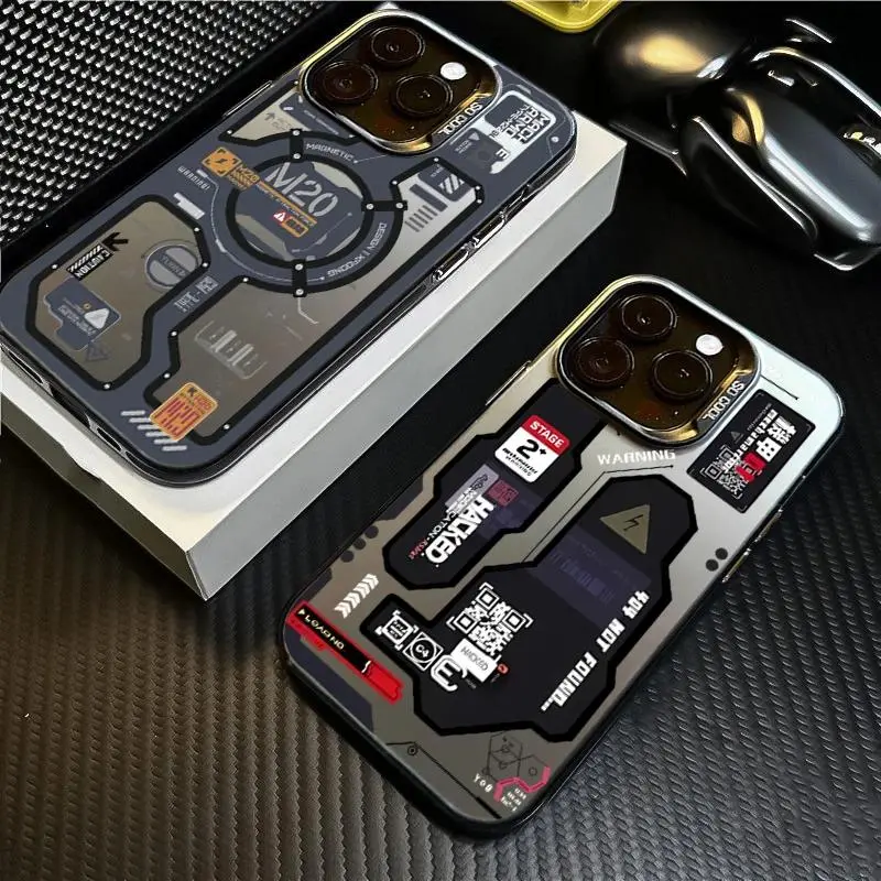 Polycarbonate Futuristic Circuit Board Phone Case for iPhone 17,16,15,14,13,12,11 Pro Max Air, Cyberpunk Mecha Pattern, Electroplated Camera Edge, Shockproof Drop Protection Cover Gift for Boys