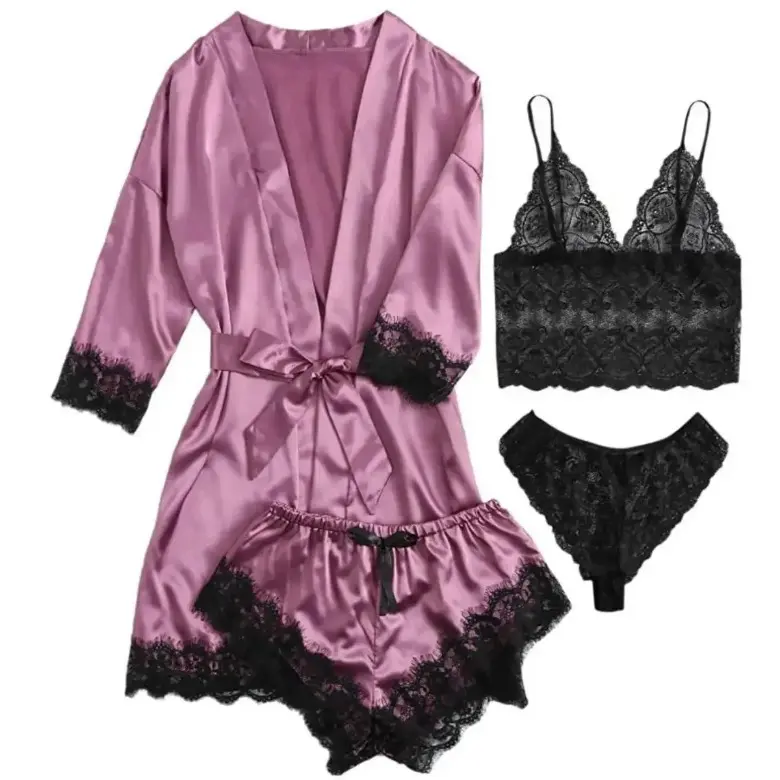 Elegant 4 Pieces Women Satin Pajama Set Lace Trim Design Includes Open Front Robe, Camisole Top, Shorts And Briefs Soft Satin Fabric Loungewear Sleep Set For Bedroom Daily Wear, Holiday Gift