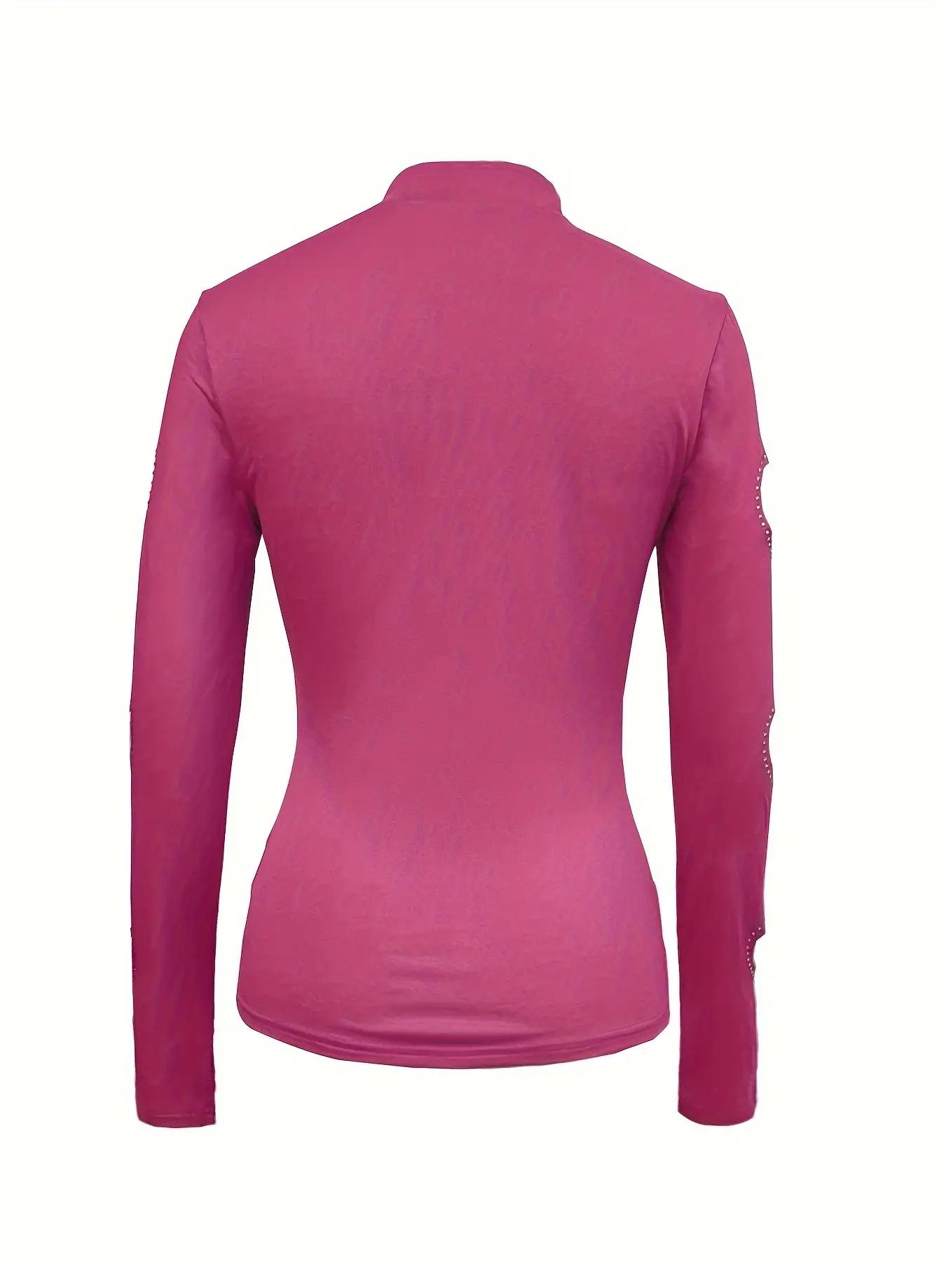 Women's Rhinestone Decor Heart Shaped Cut Out High Neck Tee, Elegant Long Sleeve T-Shirt for Spring & Fall, Women's Clothing for Daily Wear, Cute Tops, Womenswear