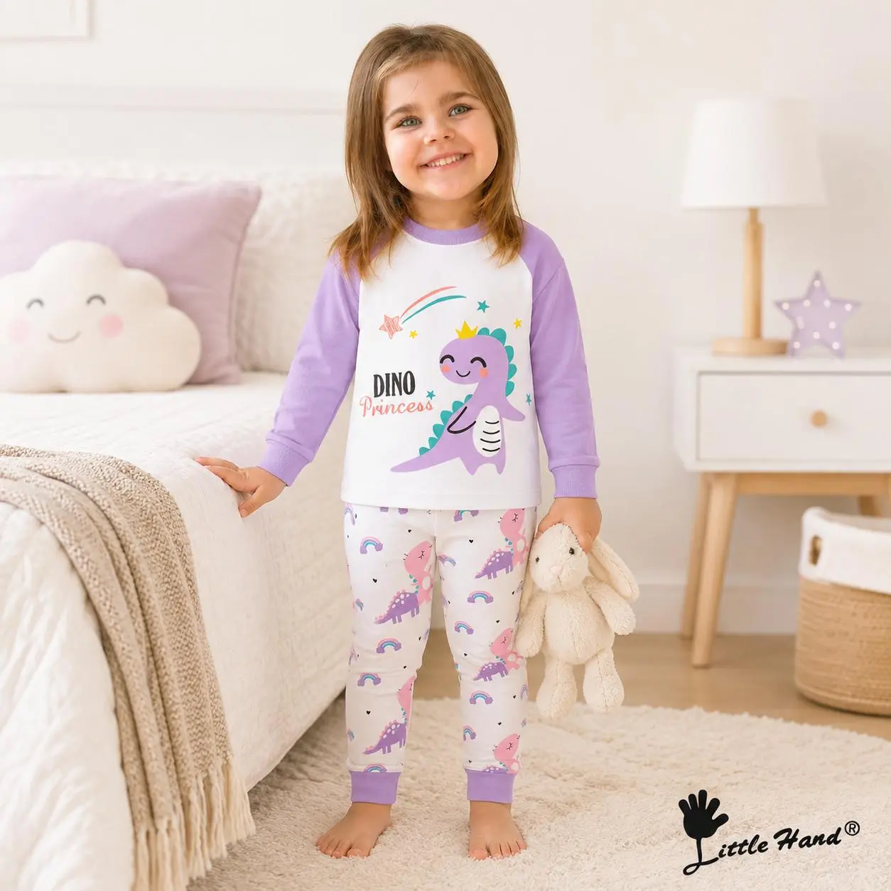 Little Hand 2-7 Years Super Cotton Girls' Cute Pajama Sets - Long Sleeve Crew Neck T-Shirt & Pajama Pants, Dinosaur Princess Themed Printed Motifs, Elastic Waist, All-Season Comfort Sleep & Lounge Wear
