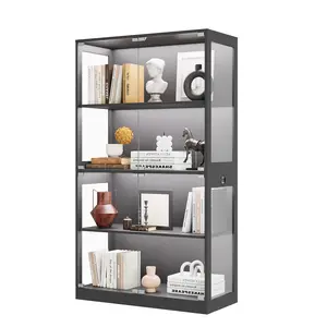 4-Tier Glass Display Cabinet – LED Lighting, Charging Ports & Motion Detector – Curio Storage for Collectibles, Toys, Books – Contemporary Black/White for Dining Room