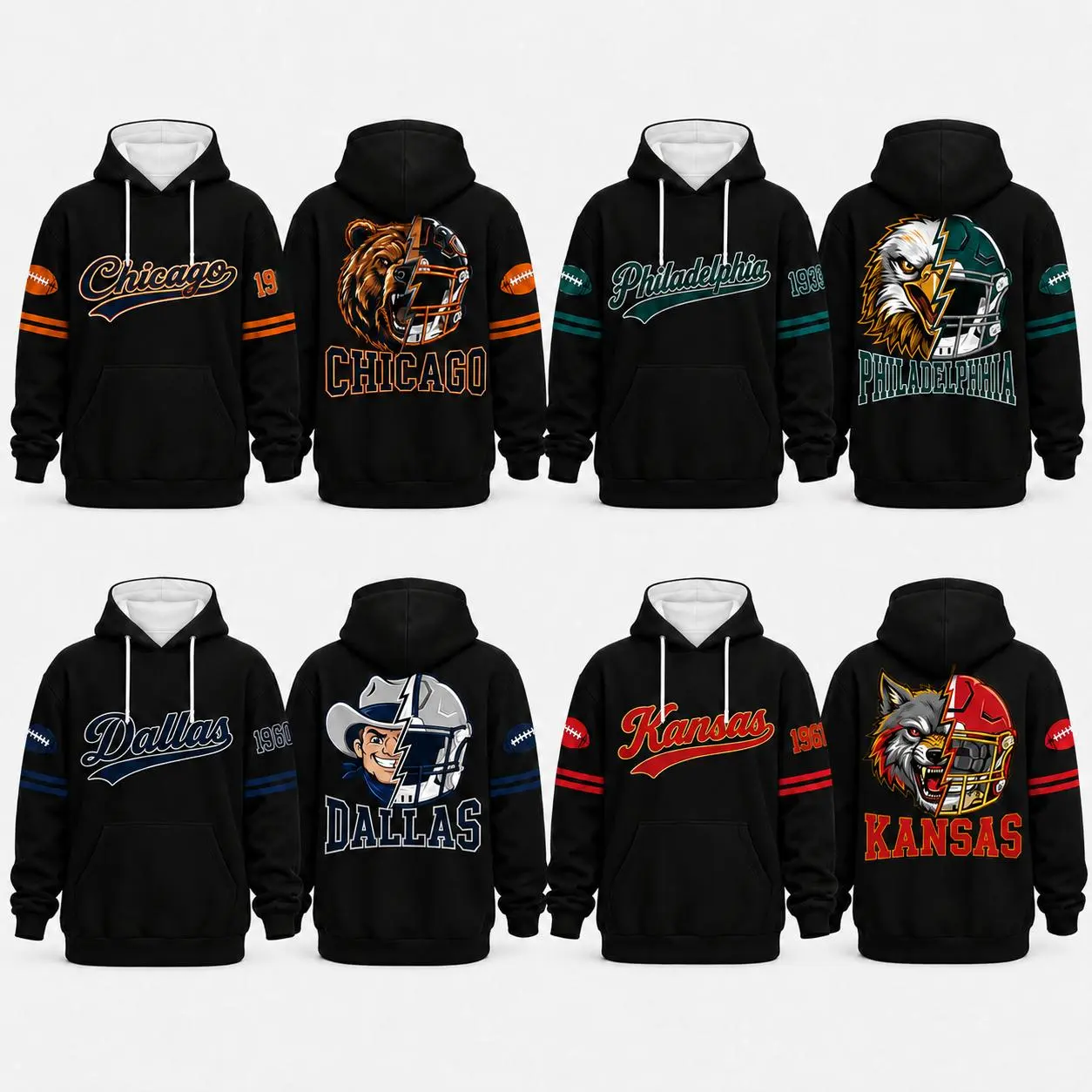 Retro City Football Mascot Graphic Hoodie With Front Pocket, Unisex Casual Hooded Sweatshirt for Daily Wear, Sports Fan Long Sleeve Top