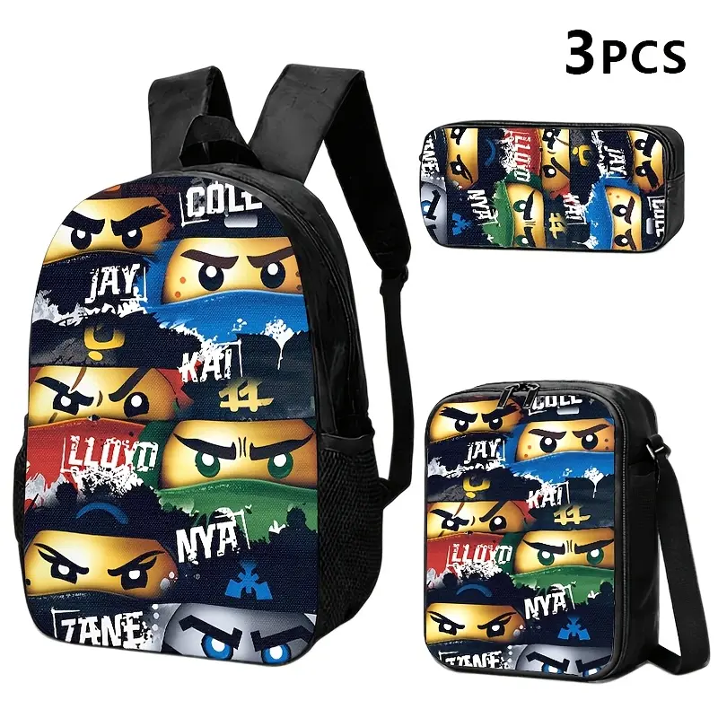 Kids' 3-Piece Durable Water-Resistant 600D Oxford Backpack Set, Lightweight School Bag with Lunch Box & Pencil Case, Ninjago Multi Ninja Character Graffiti Collage Print, Breathable Padded Straps, Fits 15-in Laptop