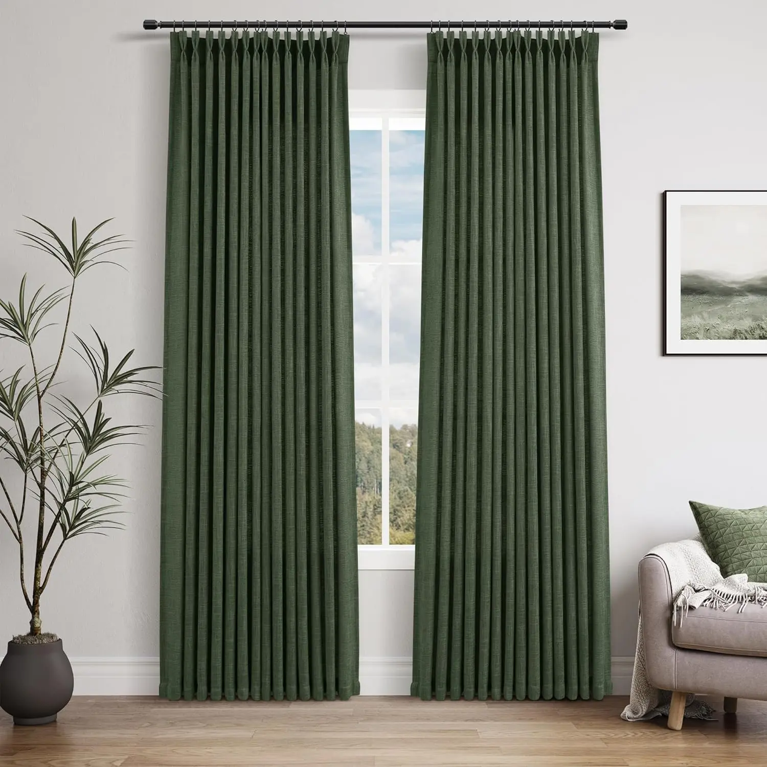 Green Pleated Curtains 84 Inches Long 2 Panels for Living Room, Thick Clip Rings Back Tab Light Filtering Loden Moss Olive Green Window Drapes for Bedroom Door