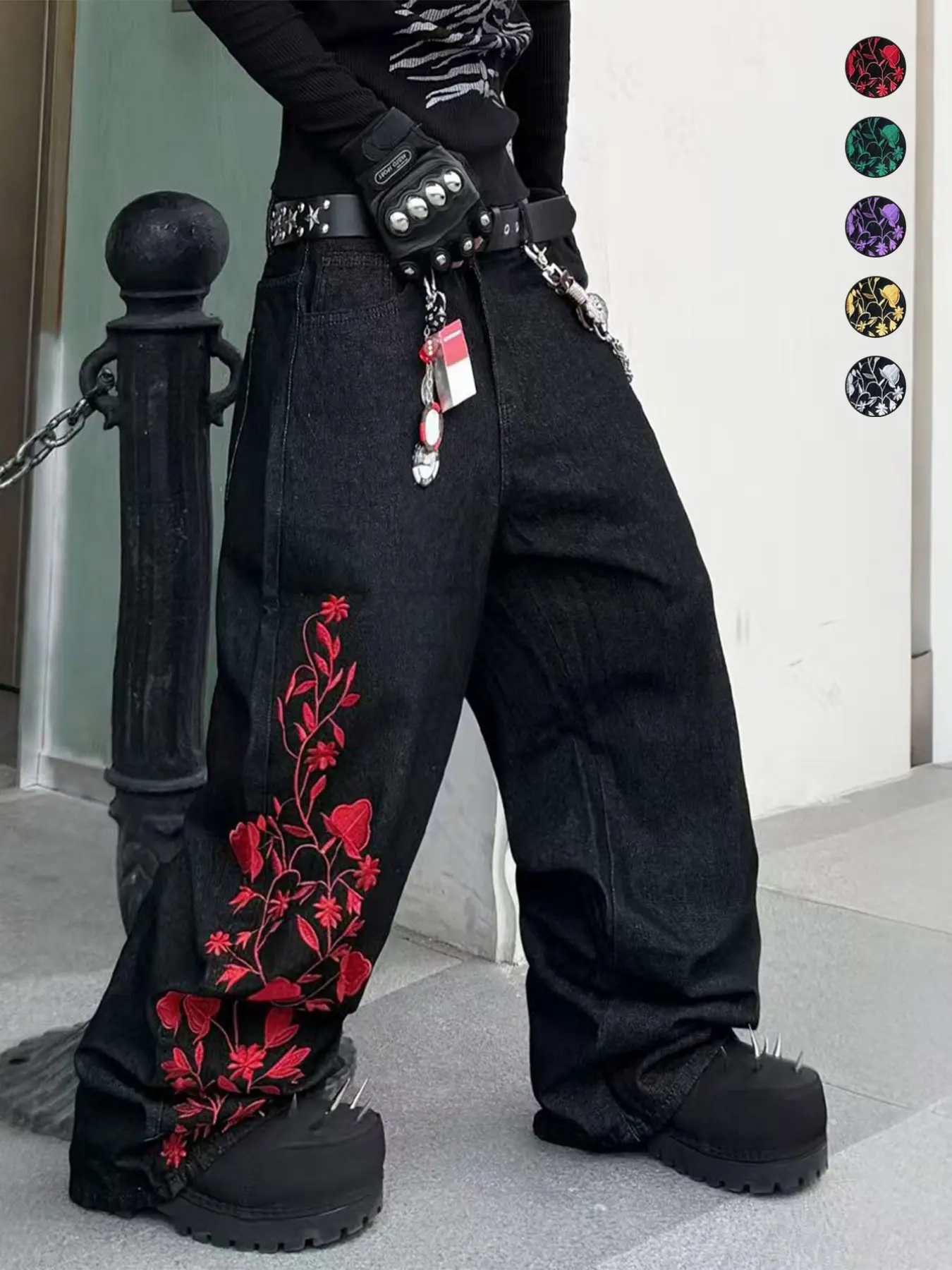 Men's Denim Jeans, Contrast Stitching Floral Embroidery Straight Leg Wide Leg Jeans, Y2K Street Fashion Loose Fit Long Pants, Multiple Colors Available, Denim Embroidered Jeans