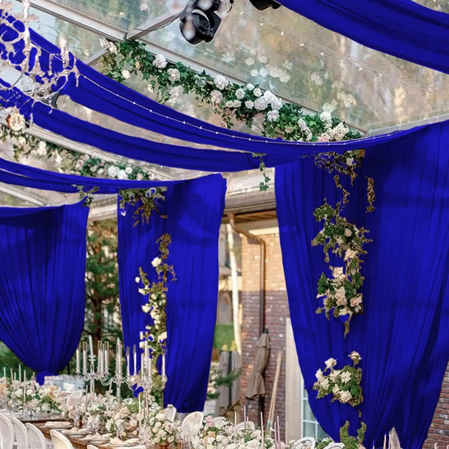 Blue Chiffon Ceiling Arch Drapes 2 Panels 5FTx20FT Sheer Drape Fabric for Wedding Party Backdrop Canopy Bed Outdoor Tent Ceiling Decorations