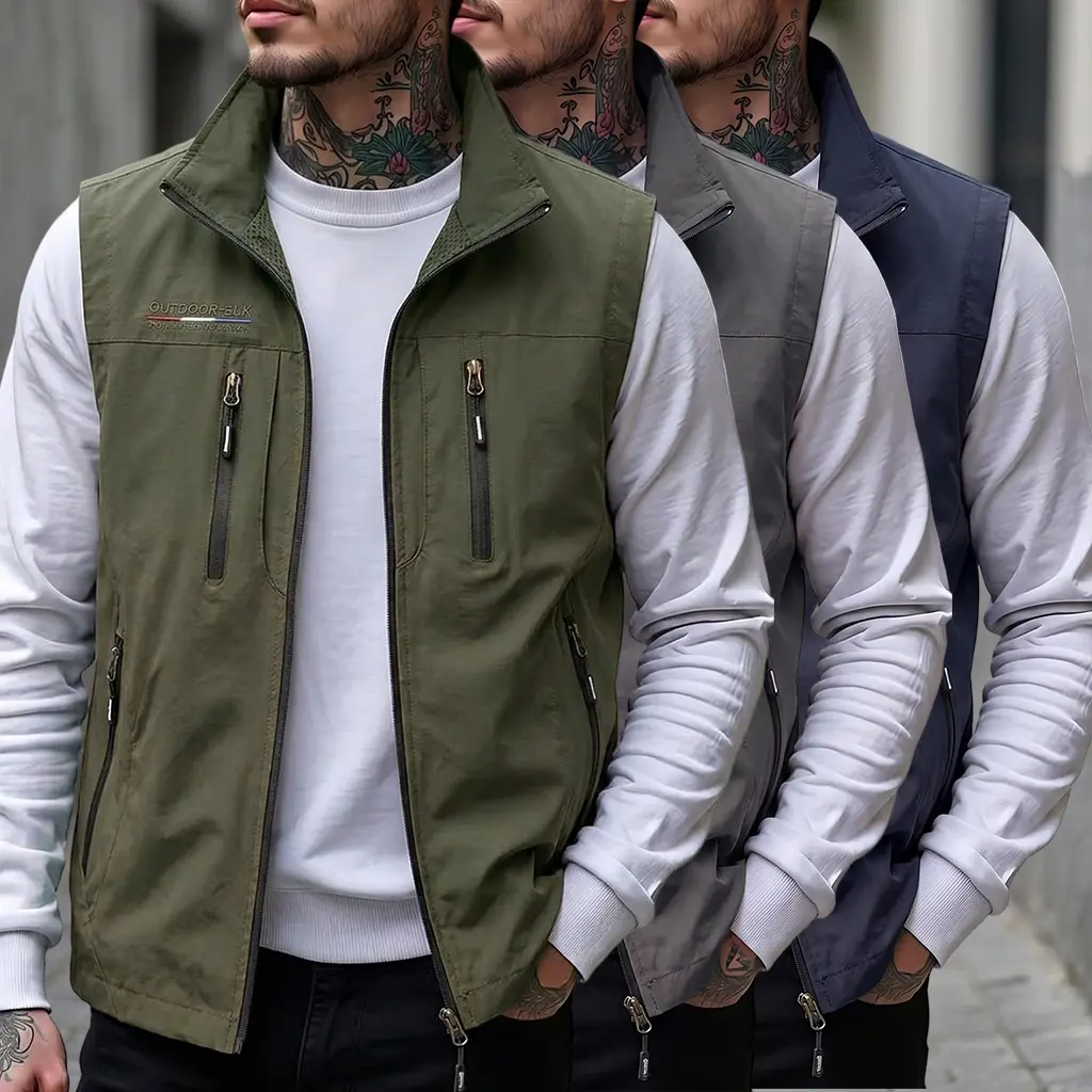 Veiskor-High-quality men’s dopamine-colored outdoor workwear vest for spring/autumn, stand collar with zipper, multiple pockets, American vintage casual style, versatile, suitable for fishing, photography, and mountaineering; sleeveless nylon jacket top