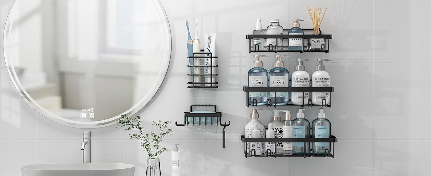 Caddy Shower Storage 5-Piece Set Self-Adhesive Stainless Steel Shelf No Drilling Required Rust-Resistant Bathroom Decor Accessories Pink Shampoo Body Wash Basket