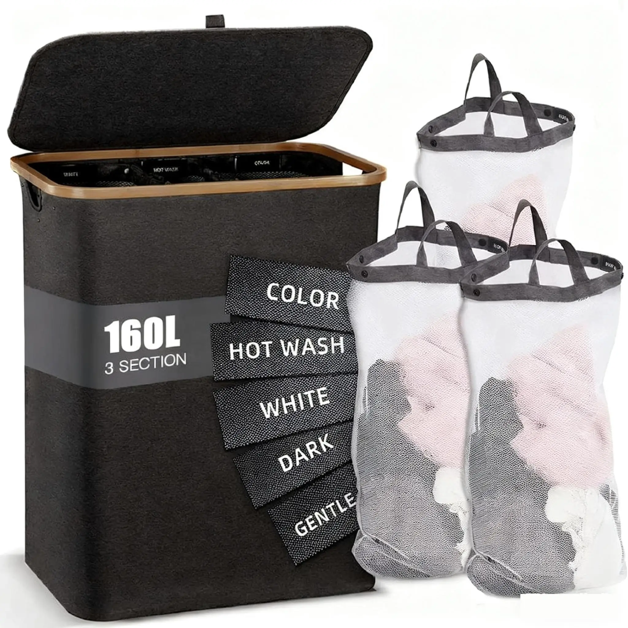 160L High-Capacity Bamboo Laundry Bin - Color Sorter Laundry Basket with 3 Detachable Mesh Bags, Foldable Space-Saving Organizer, Machine Washable, Mild Detergent Compatible for Family of 3-5, Small Apartments