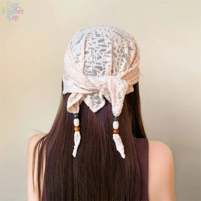 Boho Lace Triangle Headscarf, Beaded Tassel Bandana with Vintage Beads, Breathable & Lightweight, Fashion Hair Scarf for Women, Ideal for Casual, Beach & Festival
