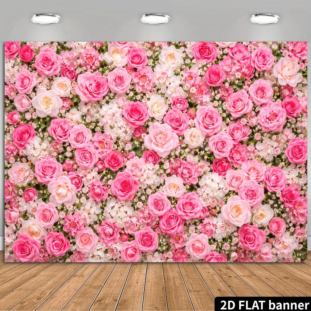 Romantic Pink Rose 2D Flat Banner, Single-Sided Polyester, Metal Grommets for Easy Hanging, Floral Wedding & Party Backdrop, Party Backdrop Decoration