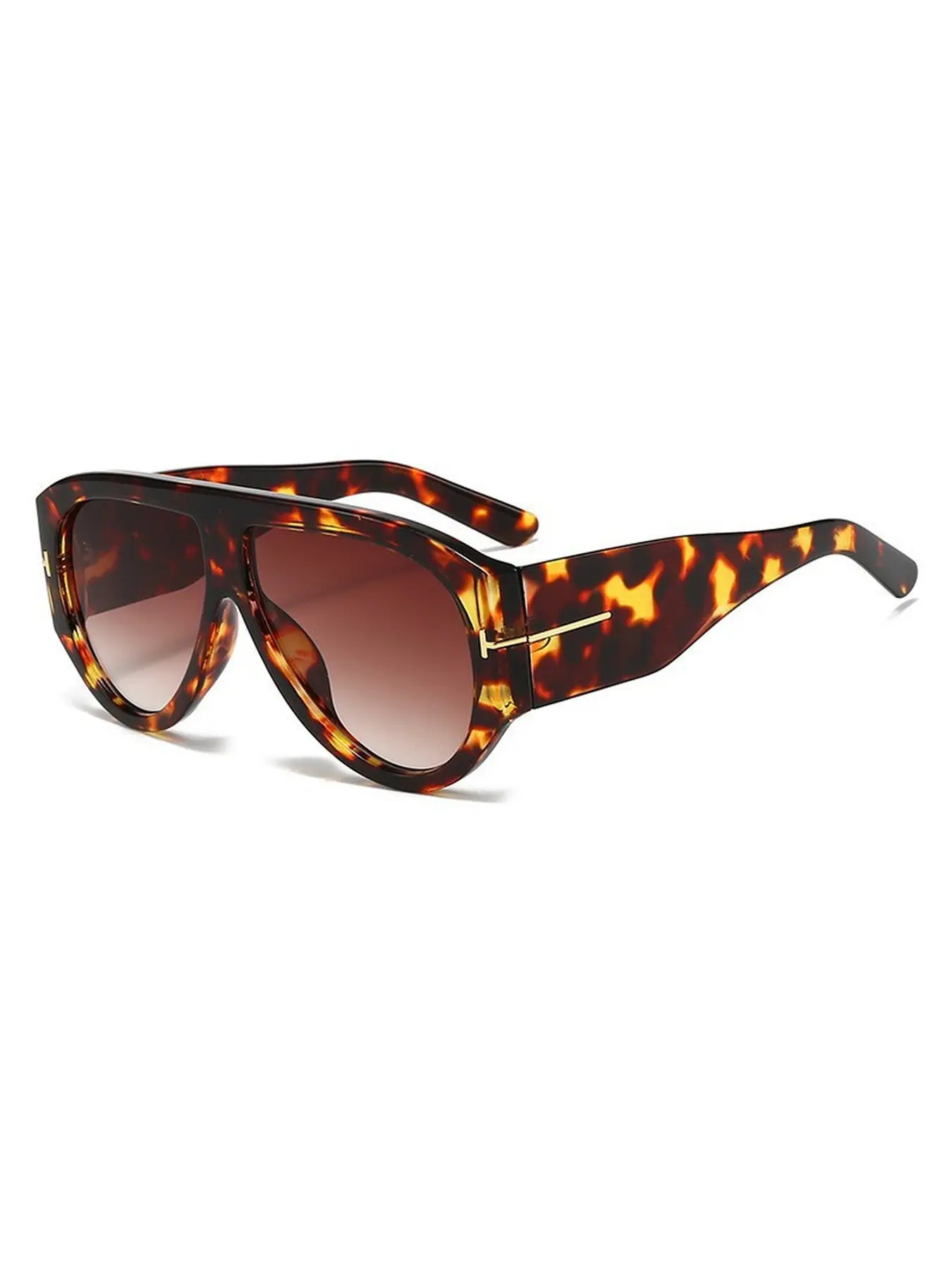 Unisex Aviator Sunglasses Premium Plastic with Gold T-Shaped Detail Tortoise Shell Brown Gradient Oversized Rectangular Sunglasses Trendy Retro Bold Fashion Style for Outdoor Travel Driving Daily Wear Summer Shades