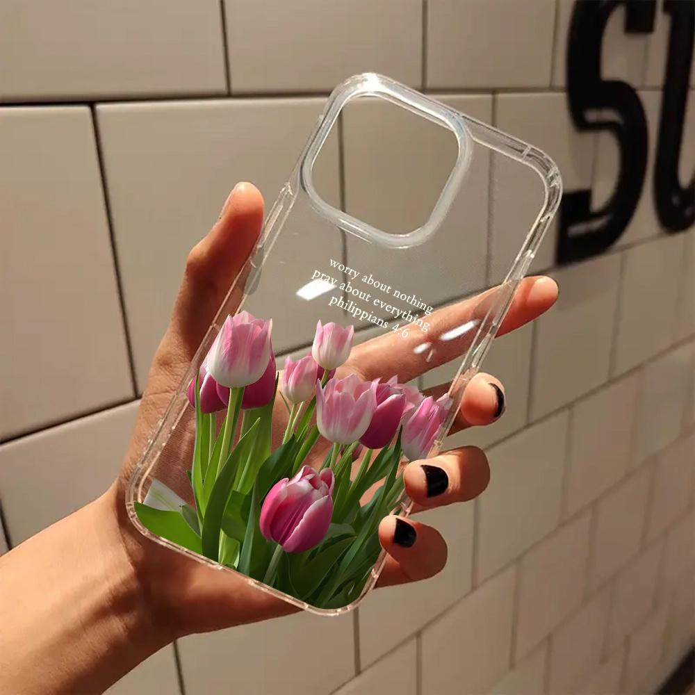 Pink tulip Philippians 4:6 Christian aesthetic pattern, anti-drop, non-slip TPU large hole lens transparent mobile phone protective case, suitable for iPhone 17 16 15 14 13 12 11 XS X and other series models, holiday gifts for friends or family