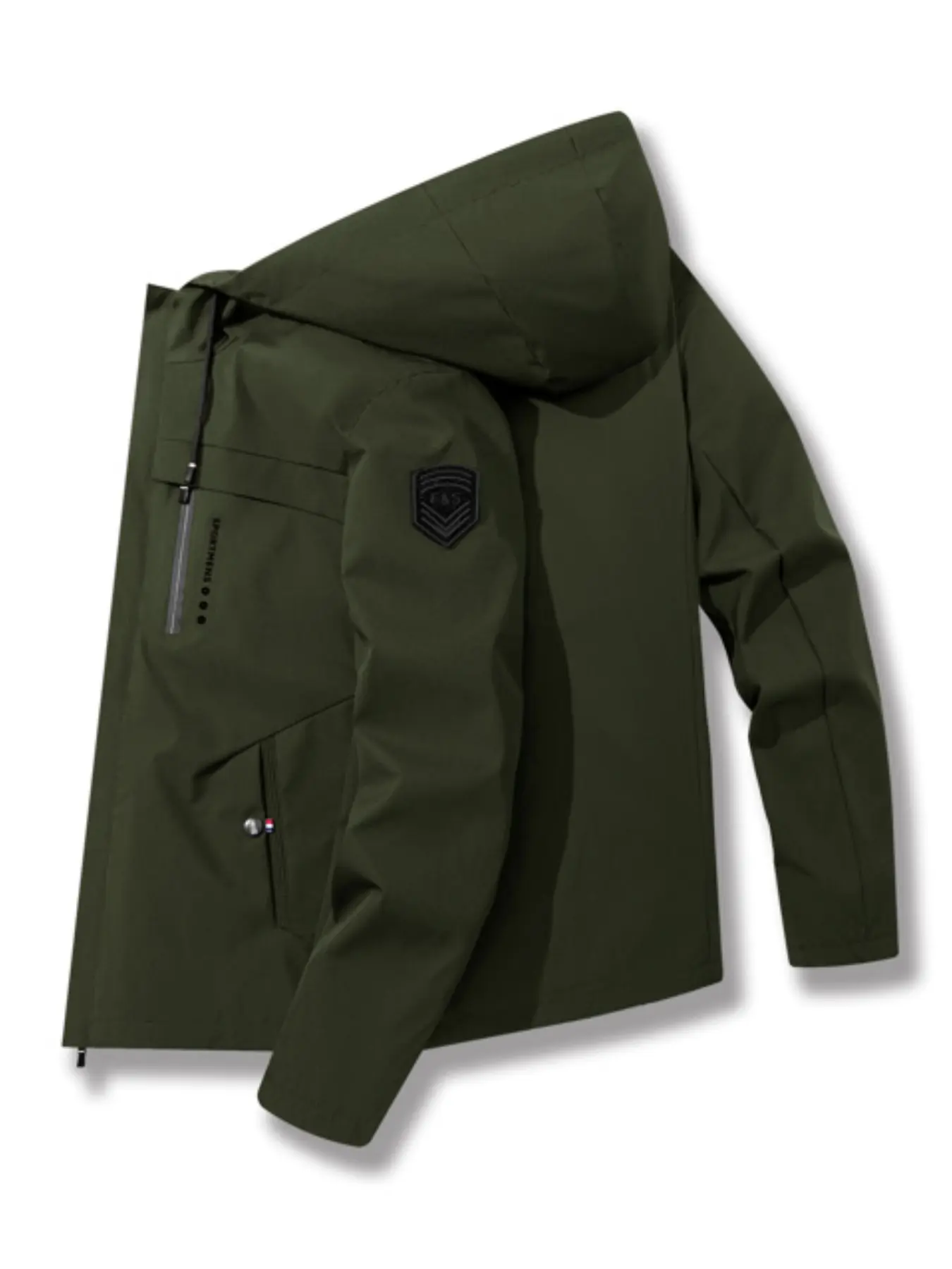 Men's Hooded Casual Tech Jacket, Embroidered Patch Multi-Zip Pockets Windproof Coat, Slim Fit Long Sleeve Spring Fall Wind Resistant Outerwear, Zipper Hooded Jacket