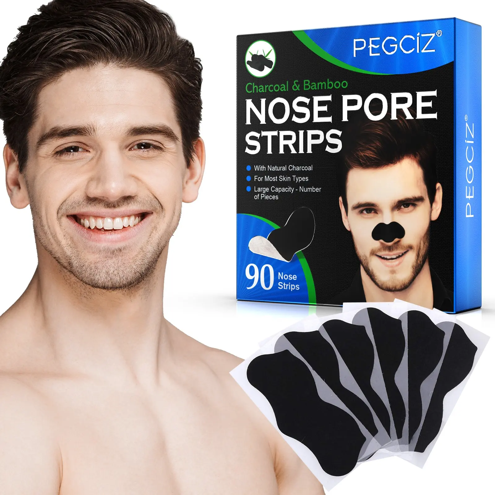 Pegciz Blackhead Remover Nose Strips 90pcs/box, Gentle Formula, Deep Cleansing Pore Mask, Suitable for All Skin Types, Men's Nasal Strip