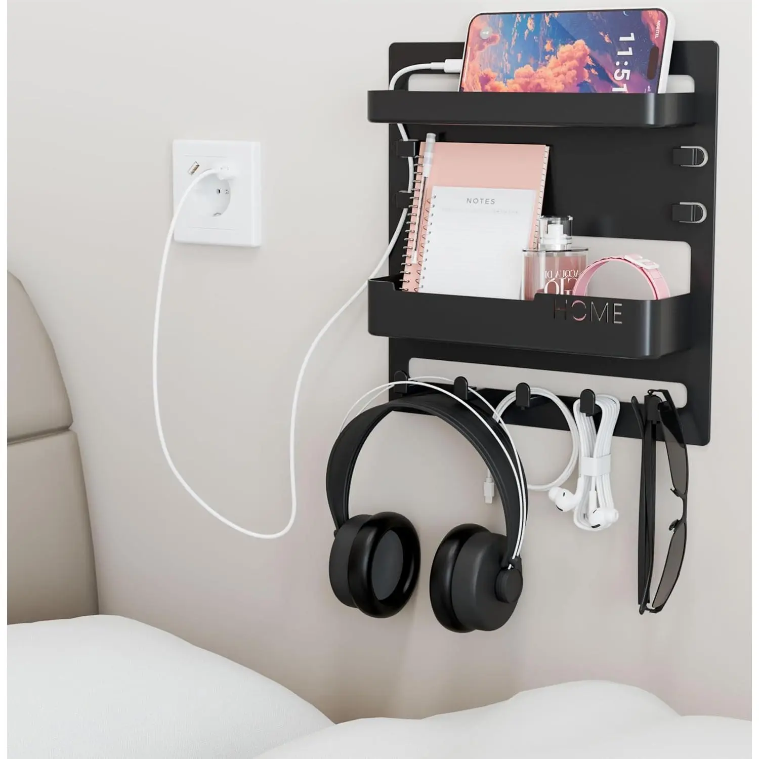 Bedside Shelf for Dorm Bed,Rv,Small Room and Nightstand,Wall Mounted Floating Shelves and Bedside Wall Organizer for Remote,Phone Holder,Charging Shelf,Cute Bedroom Decor for College Girl,Black