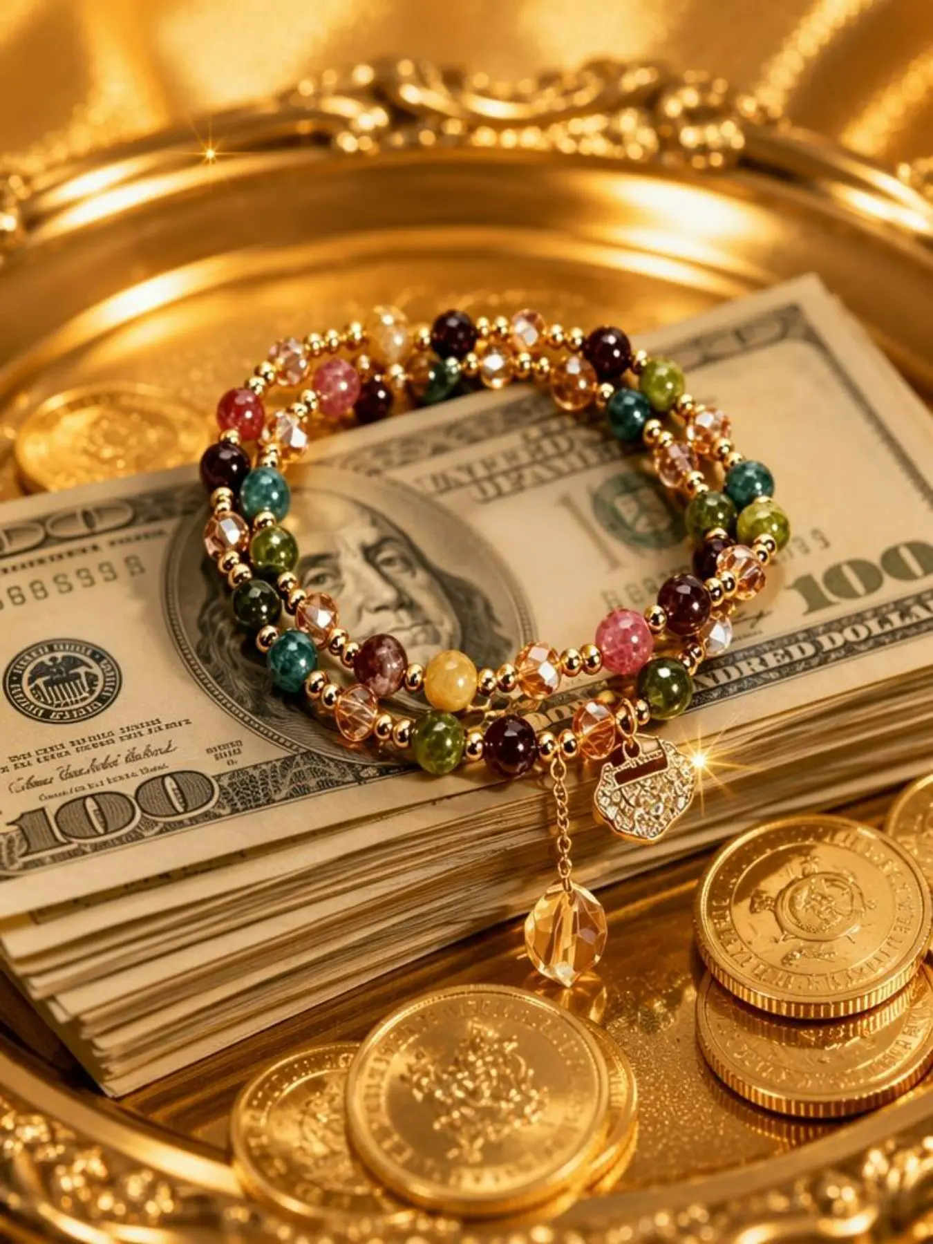 Manifestation Bracelet for Wealth Abundance and Prosperity, Double Layered Colorful Beaded Bracelet with Gold Tone Lock Charm, Tarnish Free Waterproof Good Luck Jewelry, Elegant Spiritual Success Amulet, Meaningful Birthday Anniversary Gift for Her