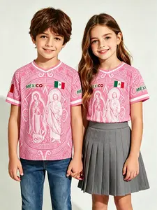 Mexico Soccer Team Virgin Mary Totem Kids V-Neck Short Sleeve T-Shirt, Unisex Mexican Flag Football Jersey, Summer Ethnic Sports Top