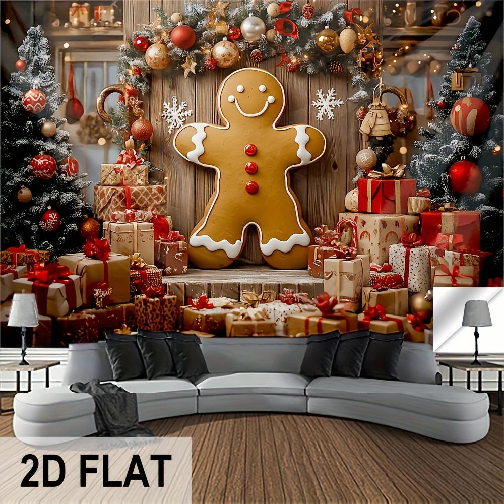 Christmas Gingerbread Man Wall Tapestry, 2D Flat Print Velvet Fabric Holiday Backdrop with Candy Canes & Presents for Living Room Bedroom Dorm Festive Wall Decor