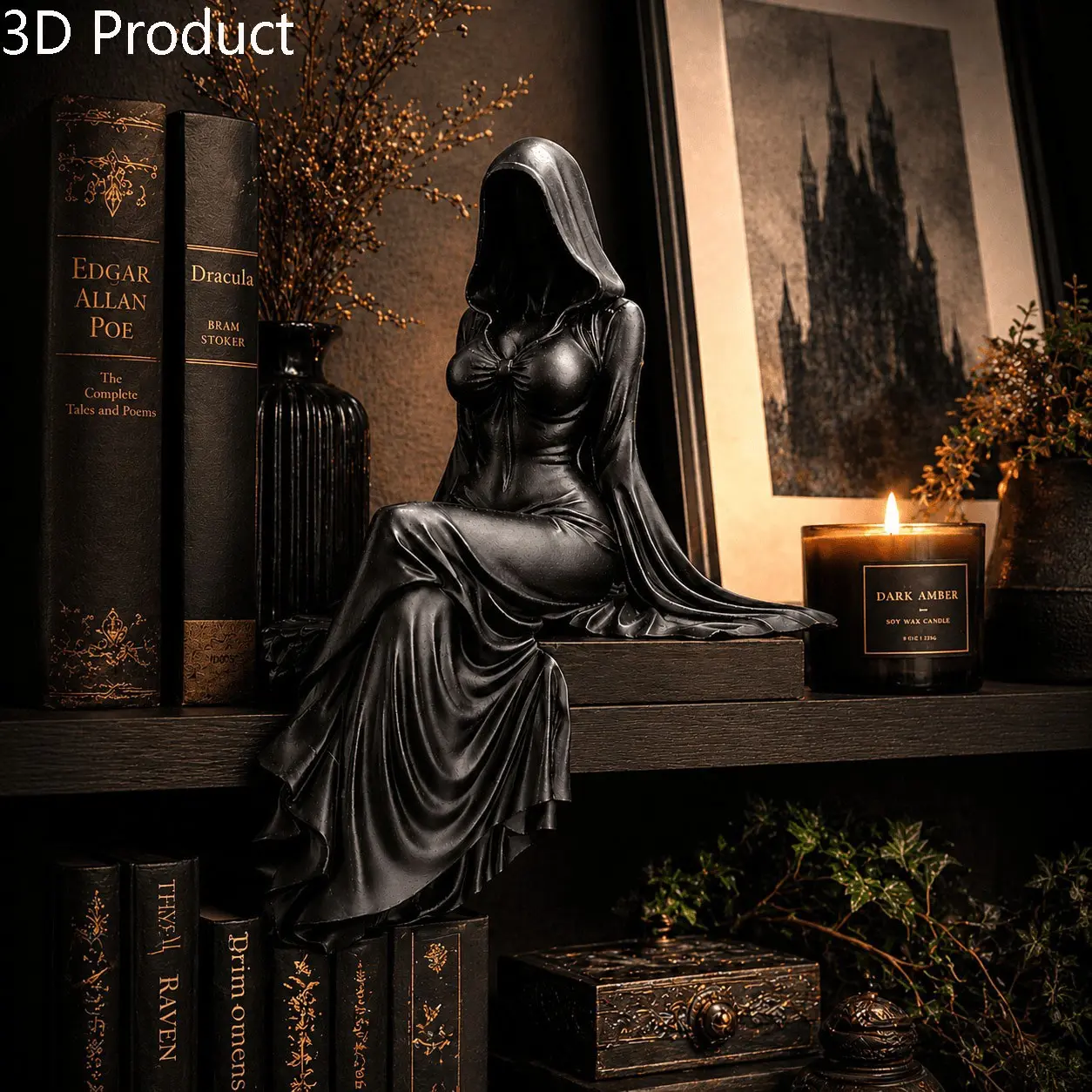 Gothic Lady Reaper Figurine, Dark Academia Bookshelf Decor, Mysterious Hooded Woman Statue, Witchy Spooky Accent for Alt Aesthetic, Decorative Home Figure