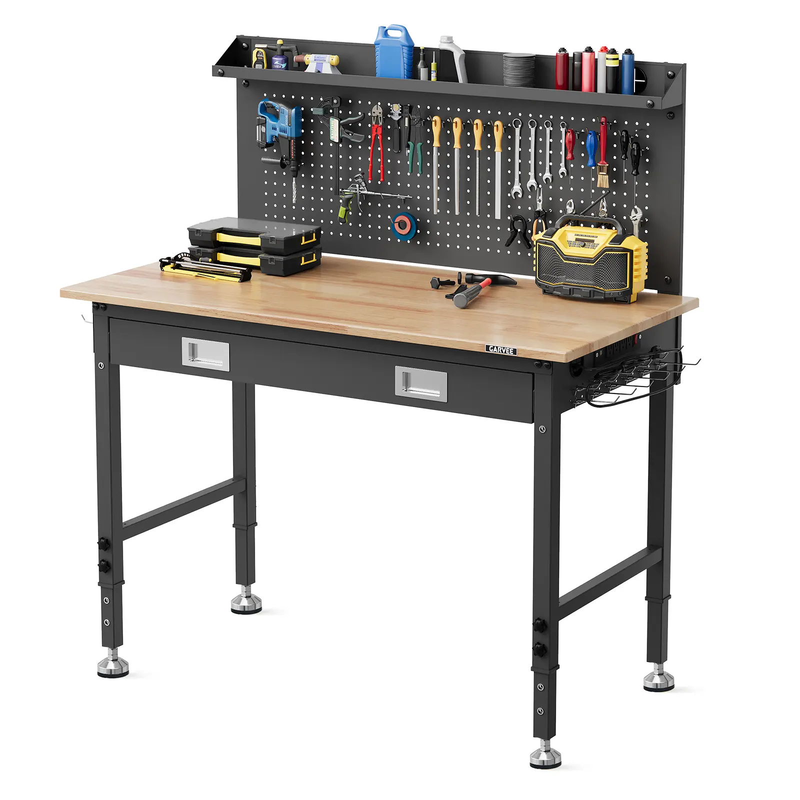 Garvee Heavy Duty Solid Wood Workbench - 48 x 24 Inch Table with Steel Frame, Adjustable Height Legs, Swivel Casters, Power Strip, Drawer Storage & Back Panel for Garage or Workshop